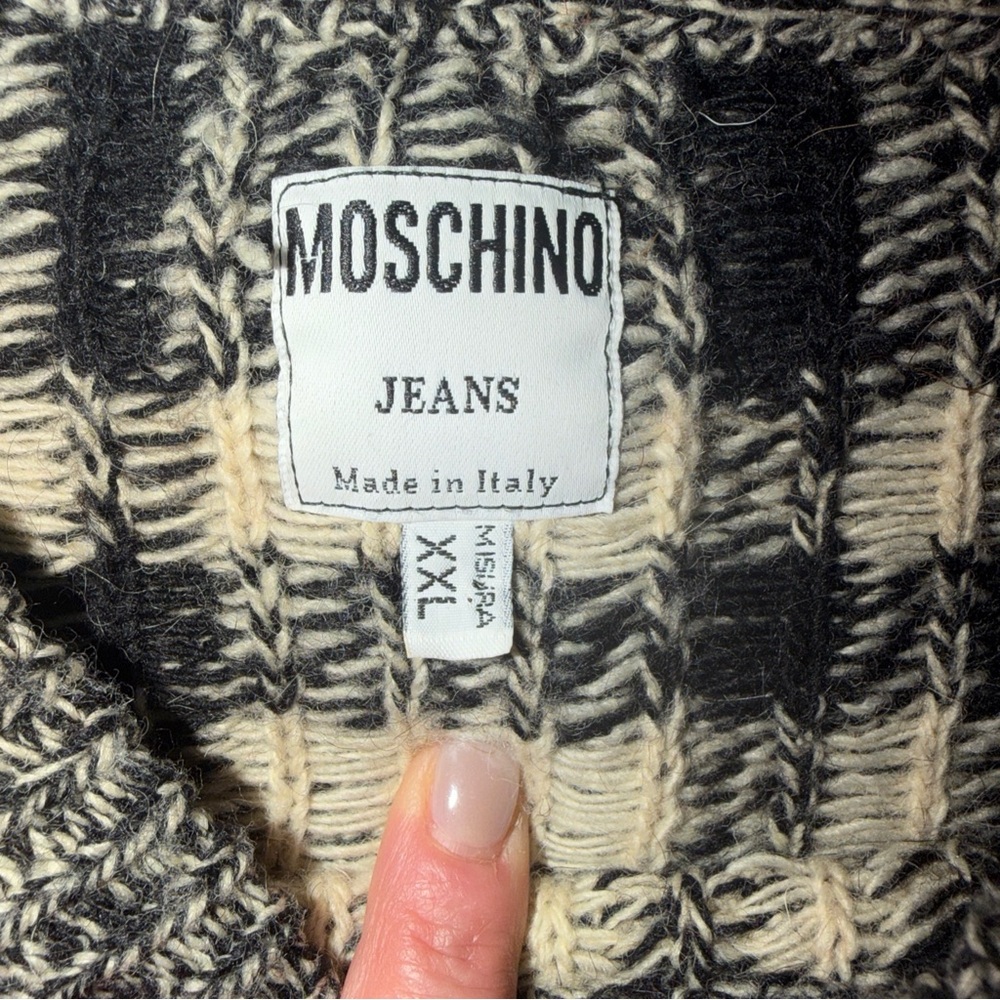 Moschino Black & Cream Plaid Crewneck with Heart and Peace Elbow Patches - Picture 2 of 6